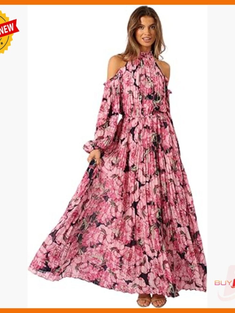 Pleated Maxi Dress with Off Shoulder Design and Elastic Waist